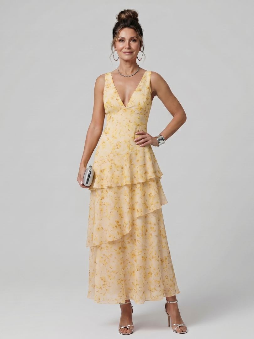 Gala | Deep V Sleeveless Painterly Pattern Midi Dress