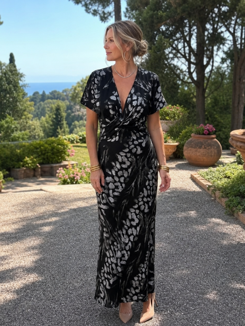 Astra | Short Sleeve Abstract Pattern Maxi Dress