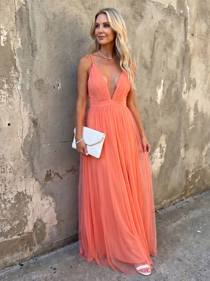 Tia | Deep V Strap Pleated Maxi Dress
