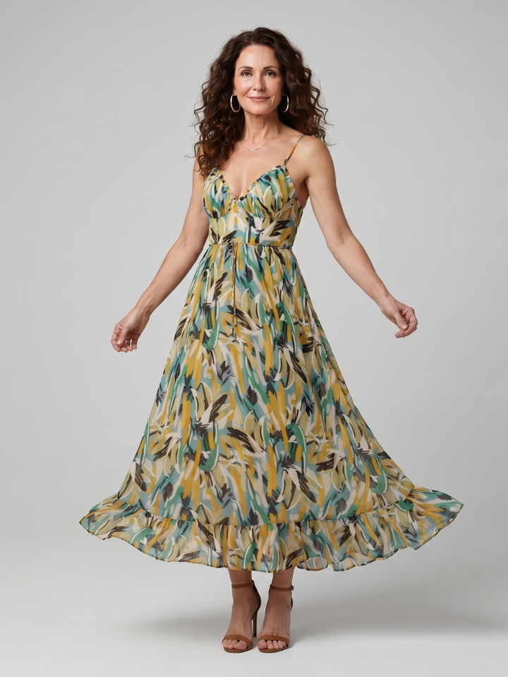 Quill | Spaghetti Strap Abstract Print Midi Dress