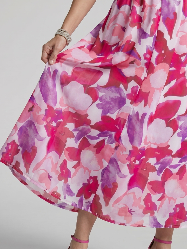 Candlia | Puff Sleeve V Neck Abstract Print Midi Dress
