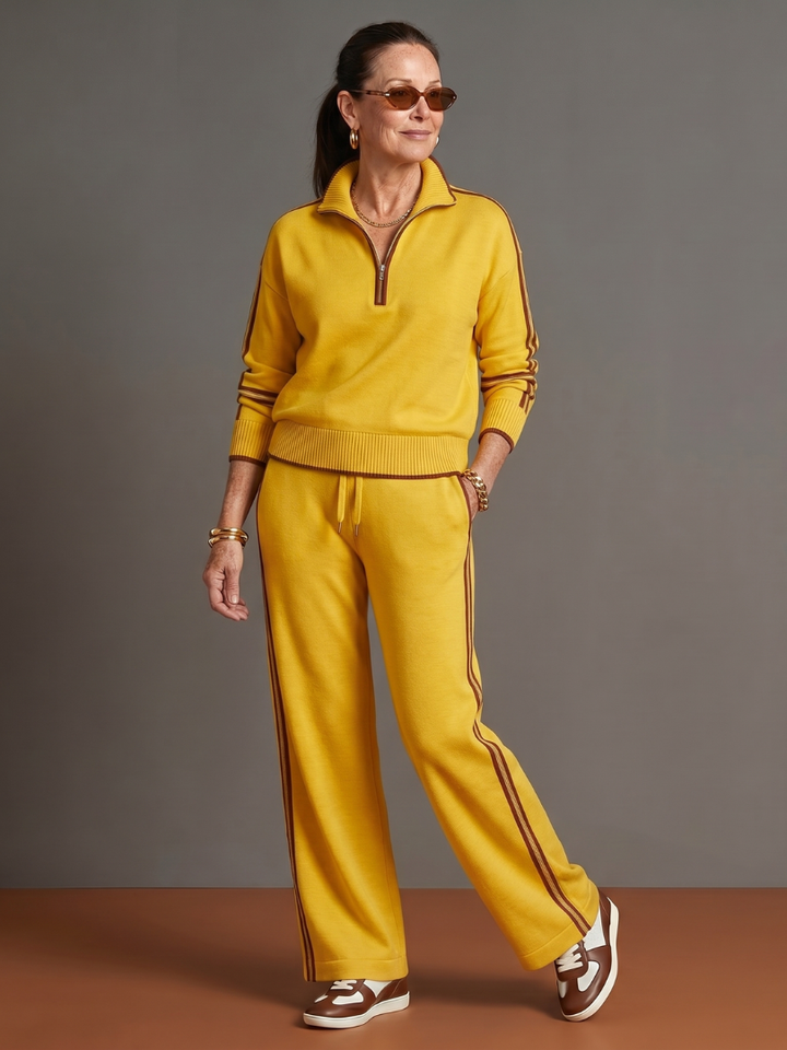 Rain | Zip Neck Long Sleeve Side Stripe Leg Pants Set