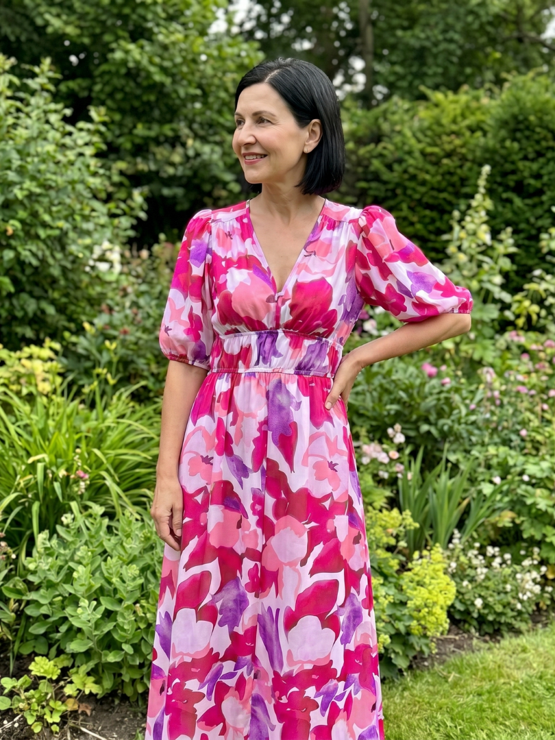 Candlia | Puff Sleeve V Neck Abstract Print Midi Dress