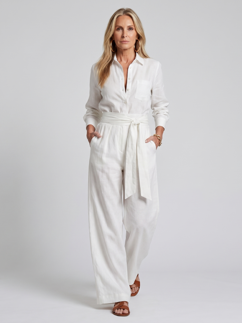 Jovie | Long Sleeve Button Front Wide Leg Jumpsuit