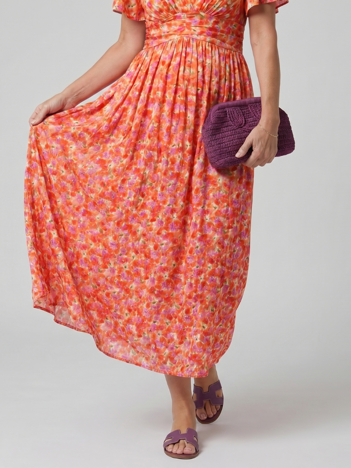 Juna | Short Sleeve Ditsy Floral Print Midi Dress