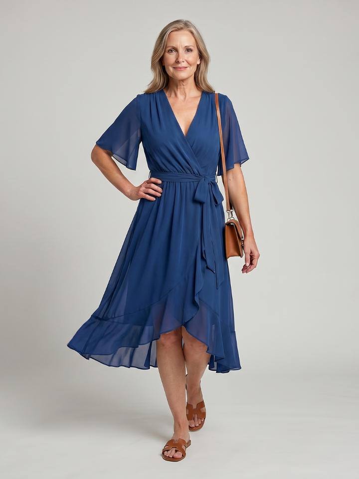 Keziah | Short Sleeve Wrap Soft Flowing Hem Midi Dress