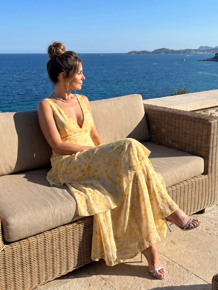 Gala | Deep V Sleeveless Painterly Pattern Midi Dress