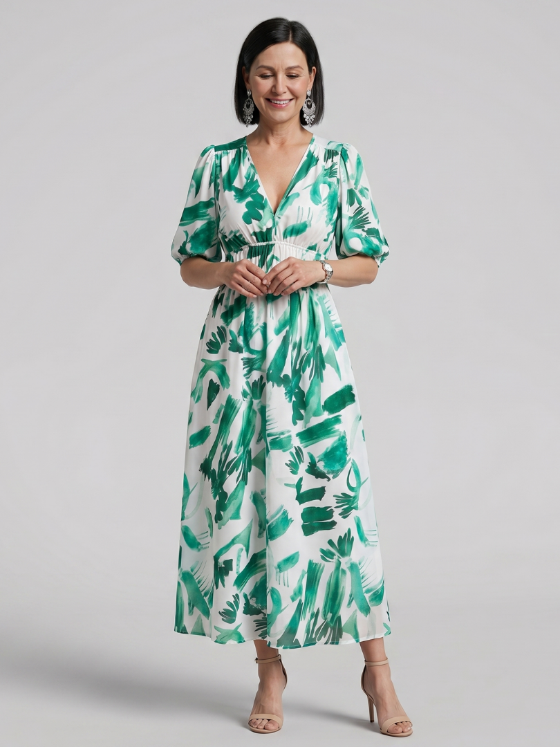 Candlia | Puff Sleeve V Neck Abstract Print Midi Dress