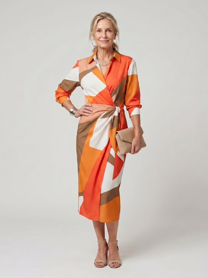 Leya | Long Sleeve Collared Wrap Stripe Pattern Midi Dress