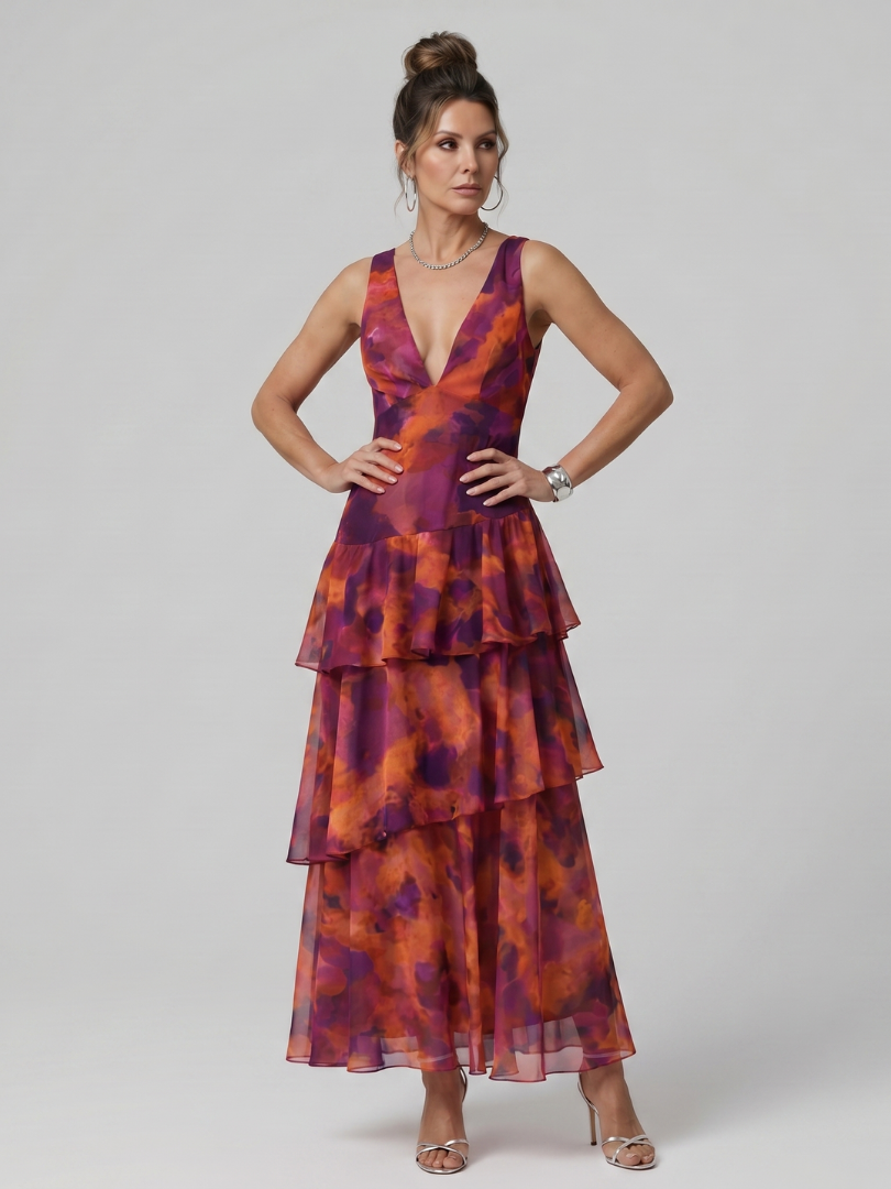 Gala | Deep V Sleeveless Painterly Pattern Midi Dress