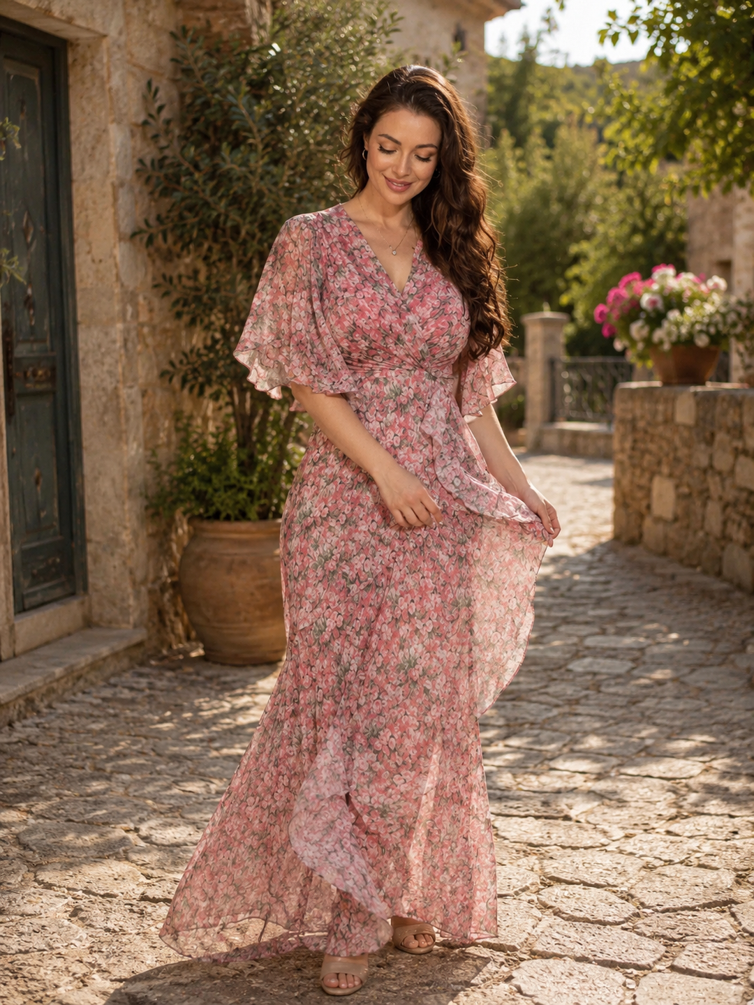 Camille | Floral Wrap Maxi Dress with Flutter Sleeves
