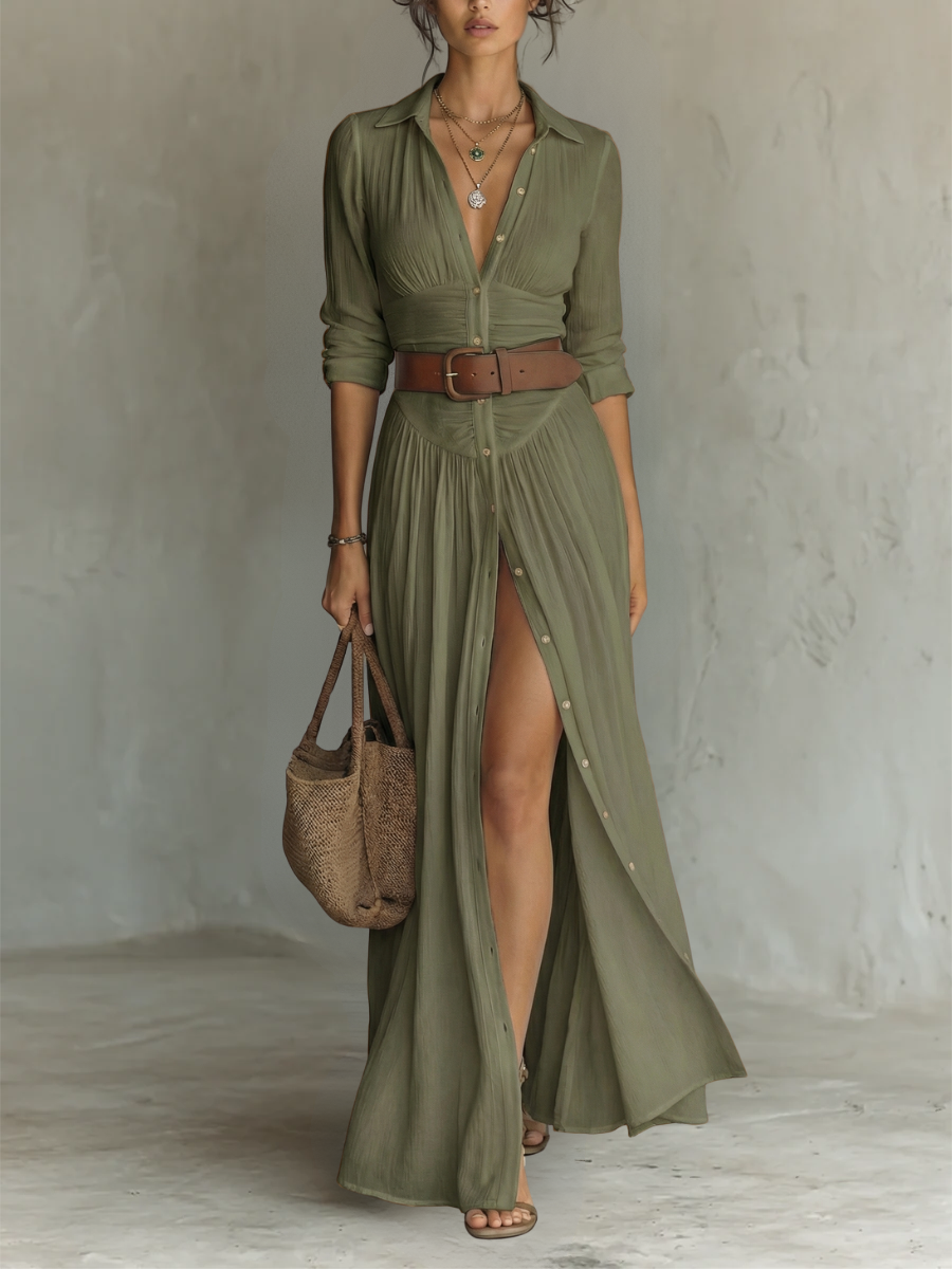 Pamela - Long Maxi Dress with Notched Collar and Long Sleeves for Women