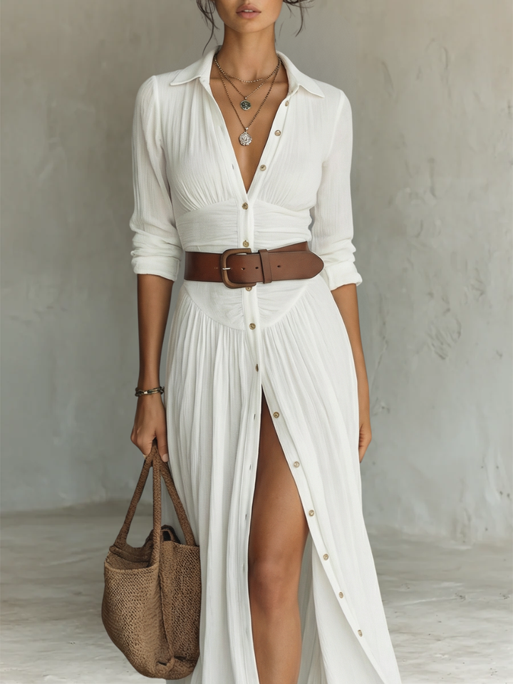 Pamela - Long Maxi Dress with Notched Collar and Long Sleeves for Women