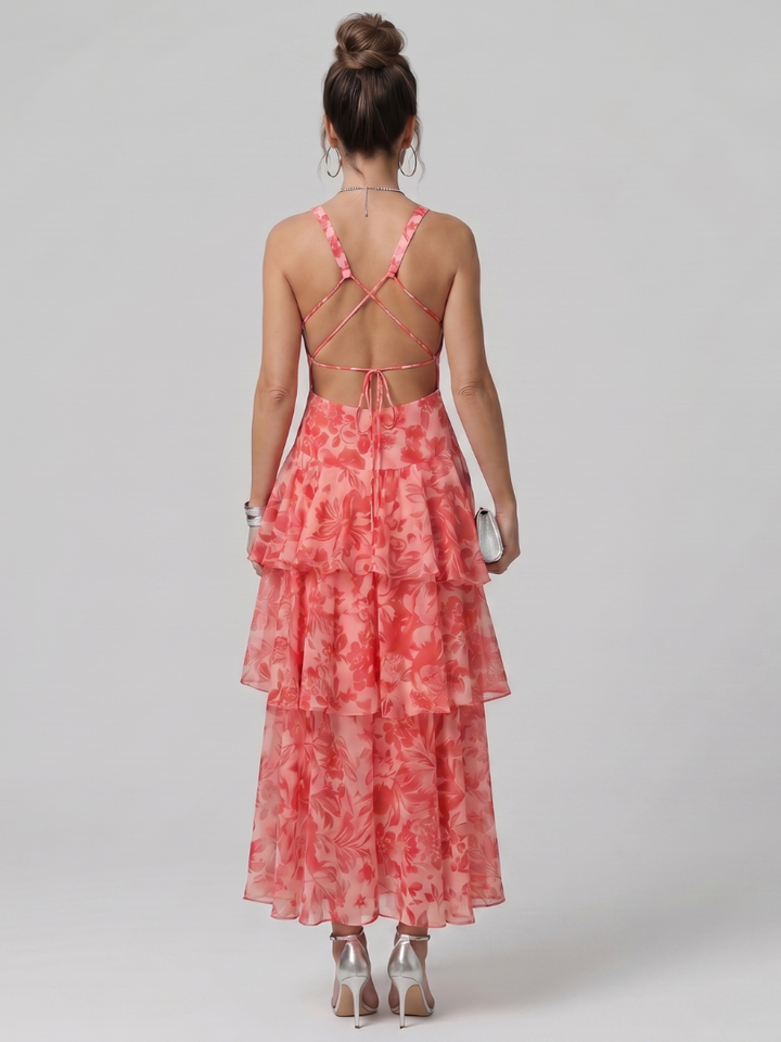 Gala | Deep V Sleeveless Painterly Pattern Midi Dress