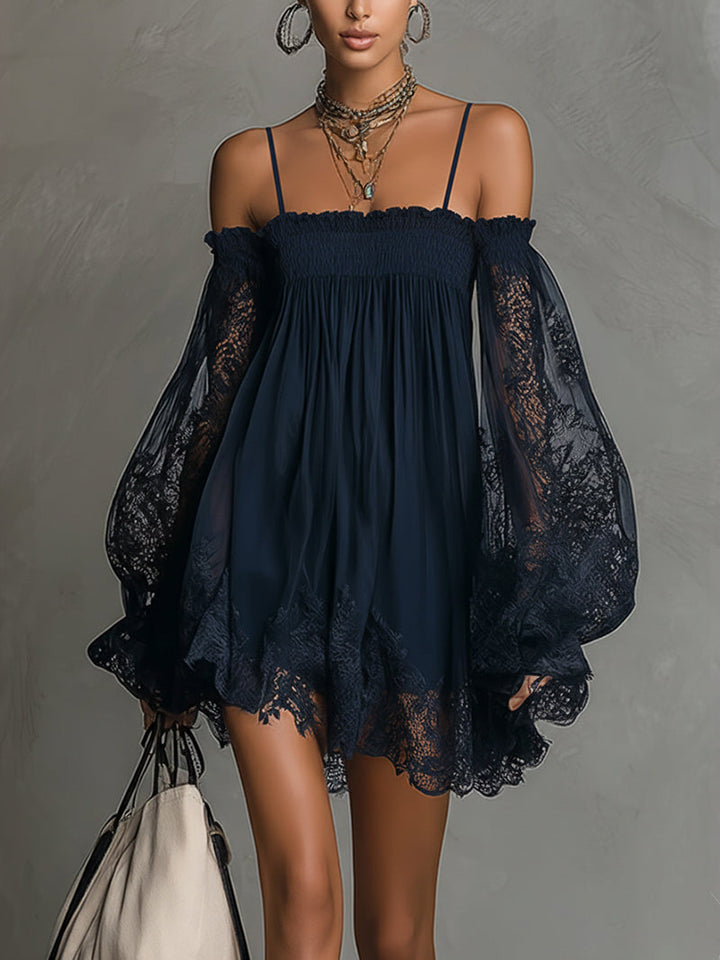 Noemi™ | Navy Lace Chiffon Mini Dress