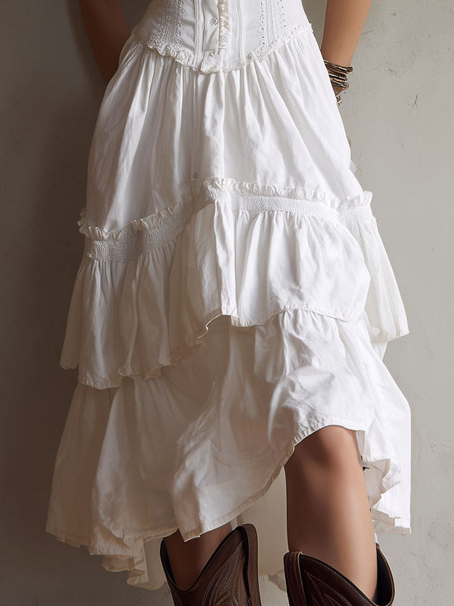 Retro Boho Corset Tiered Midi Dress With Lace-Trim